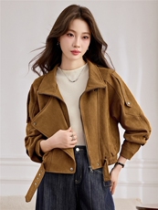 美拉德复古麂皮绒短款外套女棕色显瘦百搭小个子休闲夹克2666，女装皮衣，潮流依族