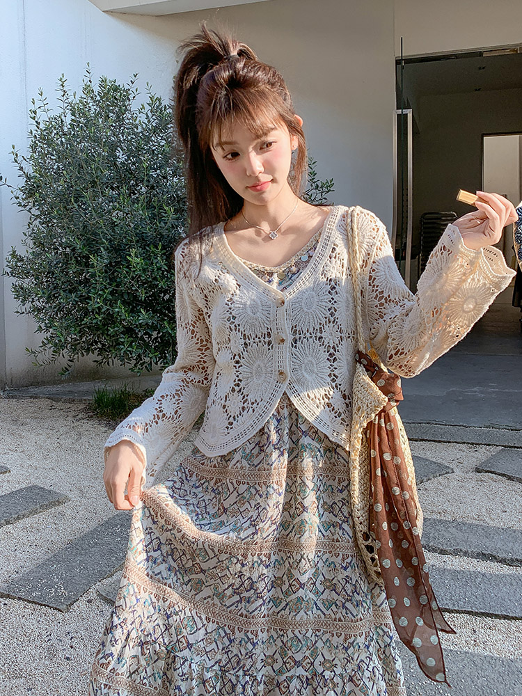 波西米亚度假风连衣裙民族风印花显瘦吊带裙防晒开衫裙,女装连衣裙,浙宝192（原082）