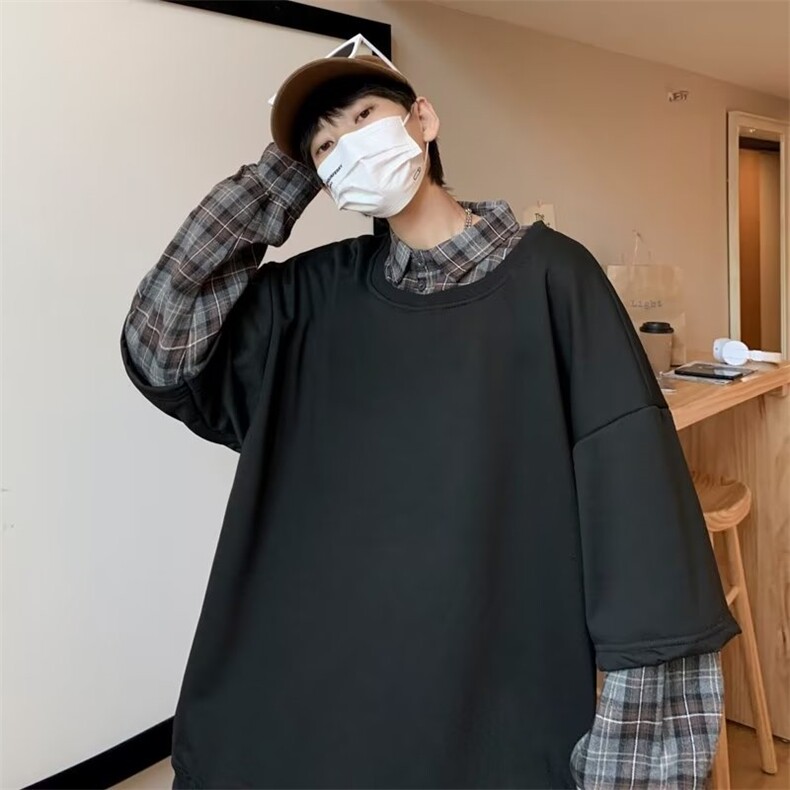 格子拼接假两件长袖卫衣男秋季打底衫炸街百搭休闲上衣WY011-P40,男装卫衣,星座1008-1