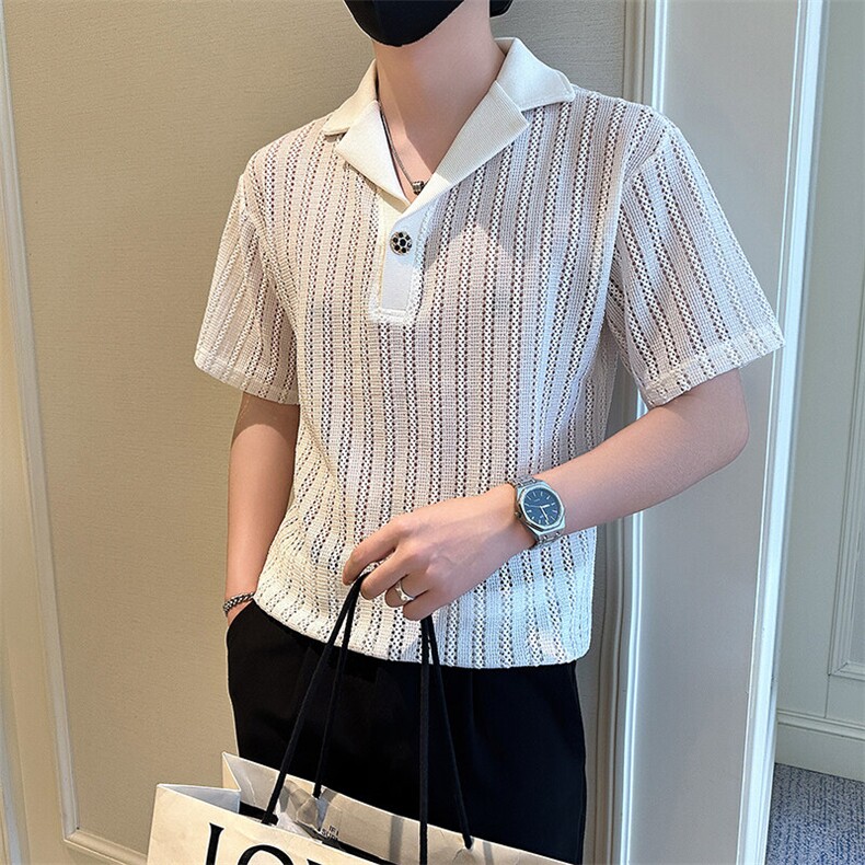 店主风社会小伙男士镂空V领短袖Polo衫翻领T恤男301A-1/PL98/P48图片