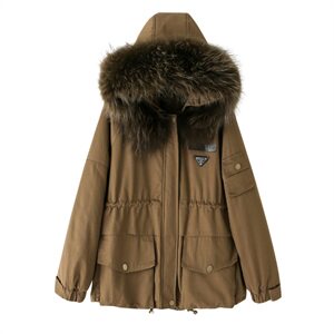 棉衣/棉服2021新款冬兔毛中长款工装带帽棉服女外套配毛领图片