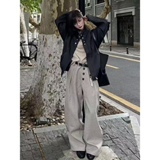 美式复古慵懒松弛宽松竖条纹百搭直筒裤男女休闲宽松阔腿拖地裤，男装休闲裤，星座218-8
