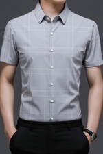 短袖衬衫男翻领上衣2023夏季中年男士商务休闲格子衬衫男爸爸夏装，男装衬衫，电商B212（原钱塘6029）