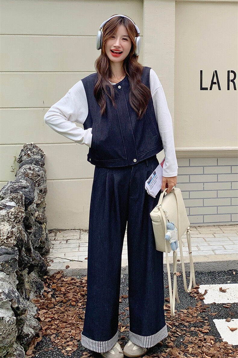韩系松弛感套装女2025年秋季新款复古设计感马甲休闲阔腿裤两件套,女装运动套装,浙宝285（原212）