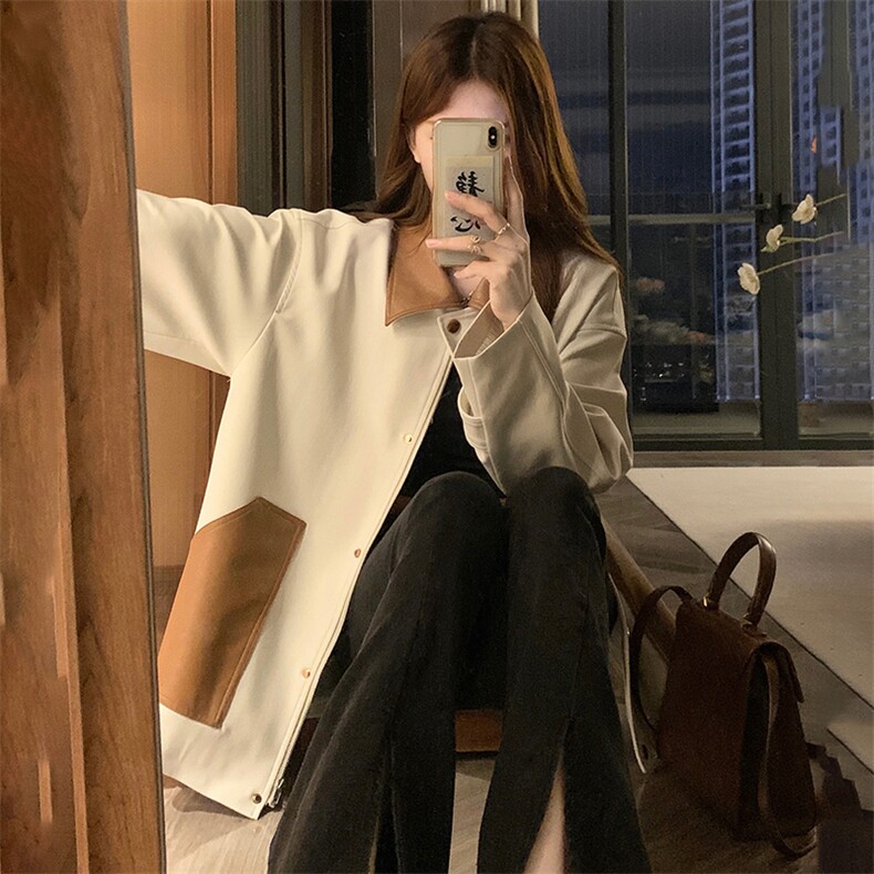 pu皮拼接短外套女秋2025新款韩版设计感bf风夹克C695-88,男装夹克,星座911-2(原星座613-2）