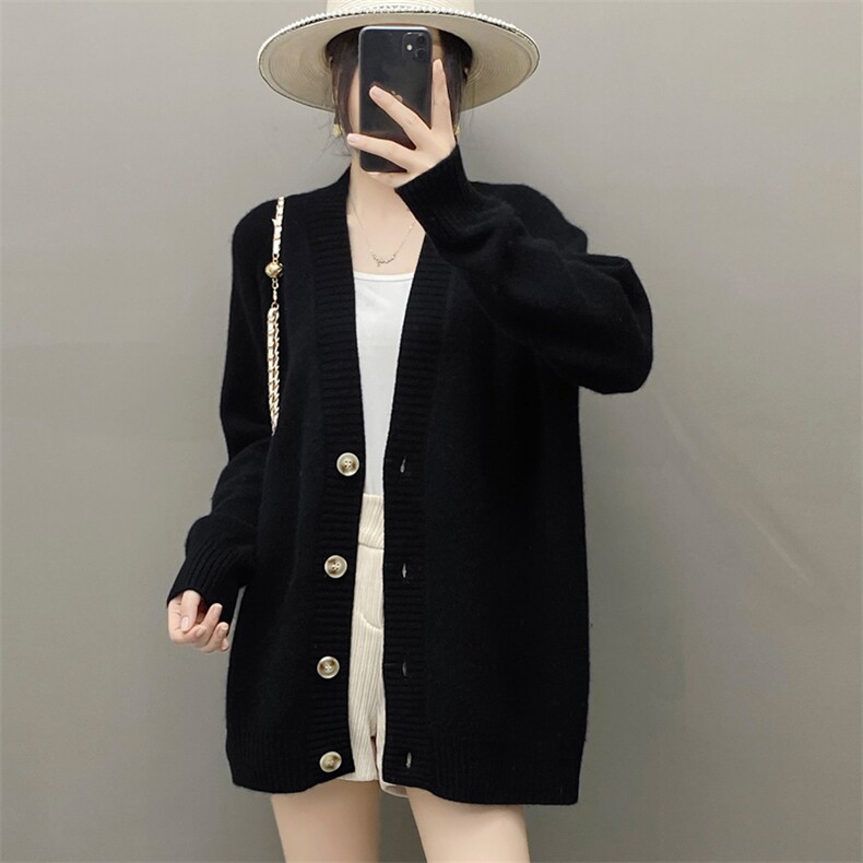 欧货秋冬纯山羊绒开衫女中长款宽松慵懒廓形加厚V领针织毛衣外套，女装羊绒衫，织绒羊