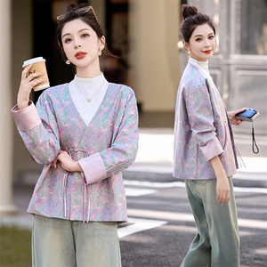 新中式V领提花杨幂同款短外套女2024秋季鎏金溢彩设计感小众上衣，女装短外套，曼琳思菲