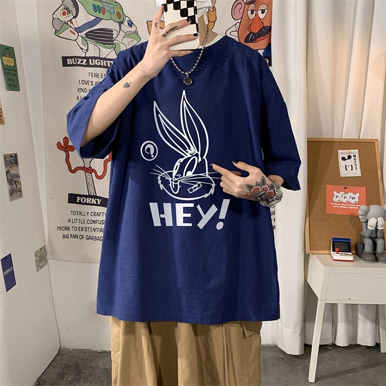 YT26179-P30亚麻短袖t恤男大码五分袖男宽松七分袖海报风,男装T恤,电商A040