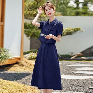 新中式国风牛仔套装女2024夏季新款复古气质盘扣上衣半身裙两件套图片