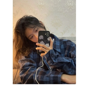 春秋新款蓝色格子衬衫松弛感男女宽松复古简约小刺绣长袖薄外套图片