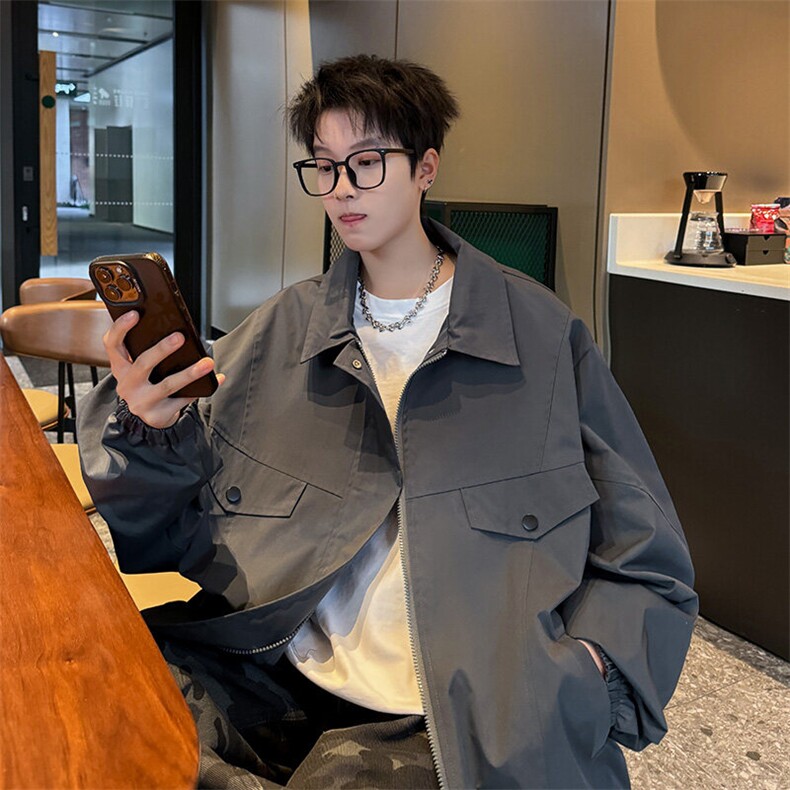 复古工装衬衫男秋季慵懒风宽松大码翻领衬衣cleanfit纯色简约外套，男装夹克，电商A141