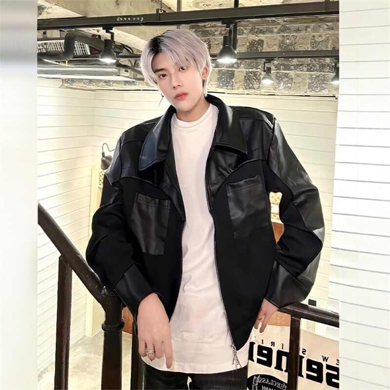 【有货】DJK2610-P70春秋设计感高级小众解构pu皮衣拼接机车皮衣，男装皮衣，星座603-2