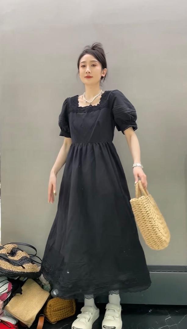 气质女神范方领蕾丝边连衣裙,女装连衣裙,L·H·X