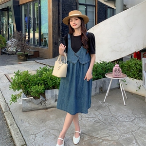 休闲牛仔连衣裙女2025夏季新款显瘦设计感假两件小个子复古A字裙图片