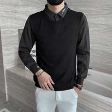 毛衣男士秋季新款打底衫修身长袖假两件青少年简约衬衫领针织衫，男装T恤，电商A327