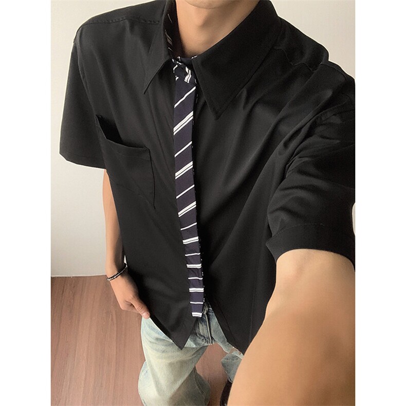 搭配领带拼接老钱风宽松休闲格子短袖衬衫男何与同款-CS2537特40,男装T恤,电商B289