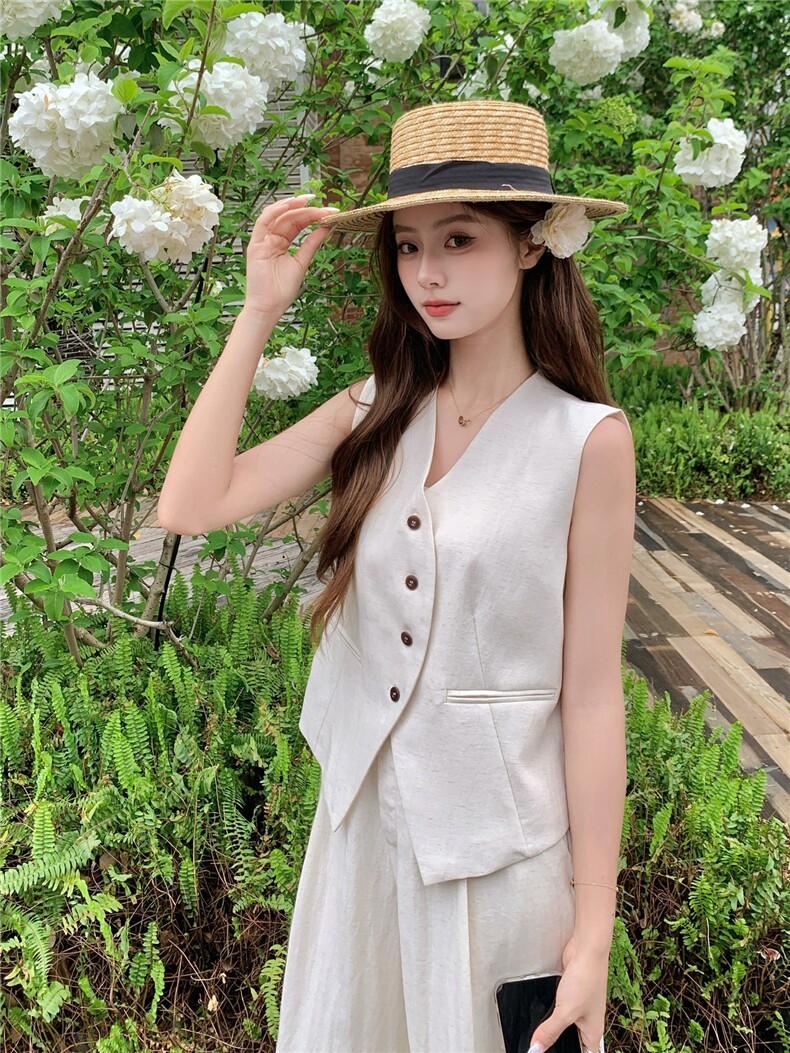 老钱风亚麻西装马甲阔腿两件套女2026新款夏季薄款透气高级感套装,女装套装/套裙,艾米莉亚