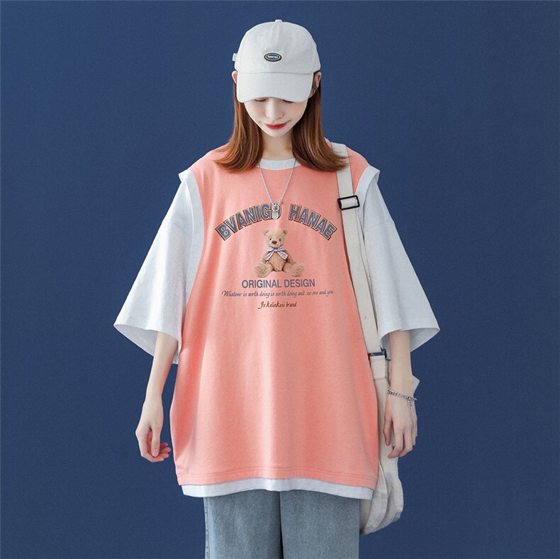 中性 夏季新款潮流小熊印花圆领ins假两件短袖T恤 T512 P35控48图片