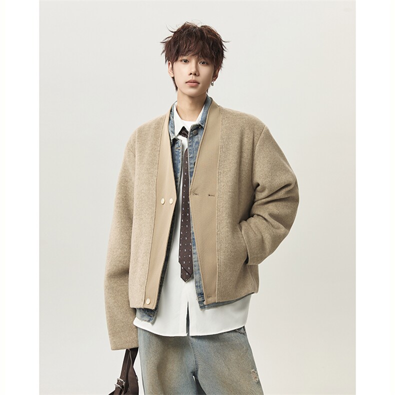 羊毛双扣开衫混纺毛边短款V领毛呢大衣西装外套-1009-P105，男装西服套装，电商B289-1