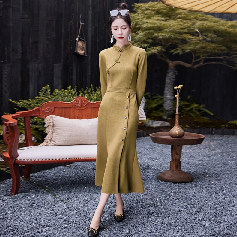 改良旗袍连衣裙女春秋2025新款新中式修身显瘦包臀开叉鱼尾裙,女装连衣裙,水衣源