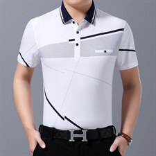 爸爸装短袖T恤男夏季中年人夏装半袖衬衫领中老年条纹上衣男装图片