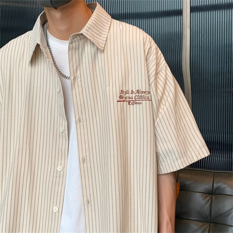 夏季小众设计感短袖衬衣男宽松日系复古百搭条纹衬衫外套EA04-P30图片