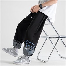 加推撞色印花夏季薄款宽松大码冰感抽绳束脚裤冰丝裤2114-P40,男装休闲裤,星座914-3