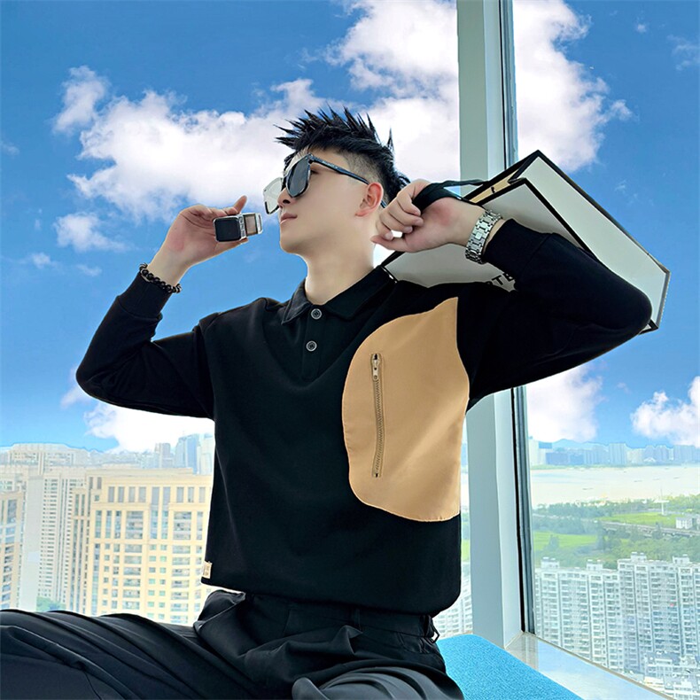 AW217/P78控108秋季社会小伙翻领拼接撞色设计感打底卫衣男黑首,男装T恤,星座305B-1