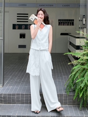 轻熟风气质套装女2026夏季拼蕾丝西装马甲显瘦阔腿裤两件套，女装套装/套裙，冬木谷雨