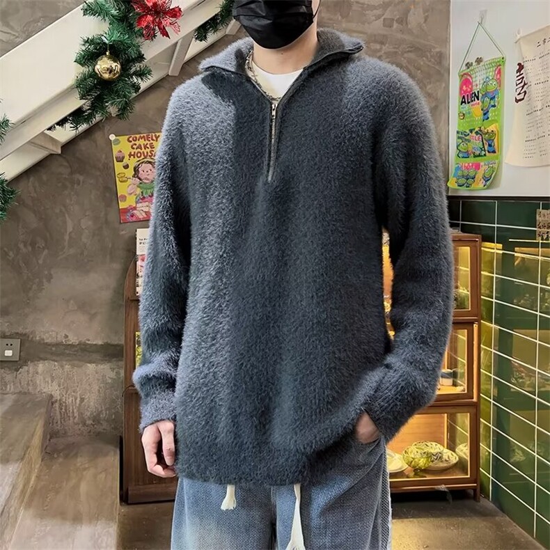 秋冬款半拉链高领针织衫男复古长貂毛宽松套头毛线衣8655P52,男装针织衫/毛衣,星座410-2