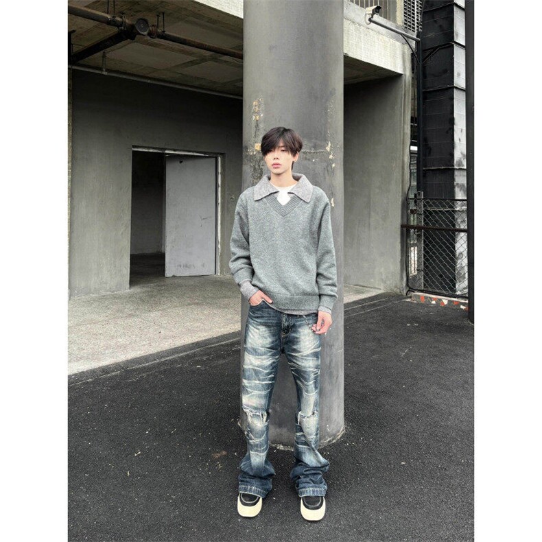 【有货】M017LL-特P60假两件V领毛衣男翻领针织衫外套,男装针织衫/毛衣,星座1007（原301D）
