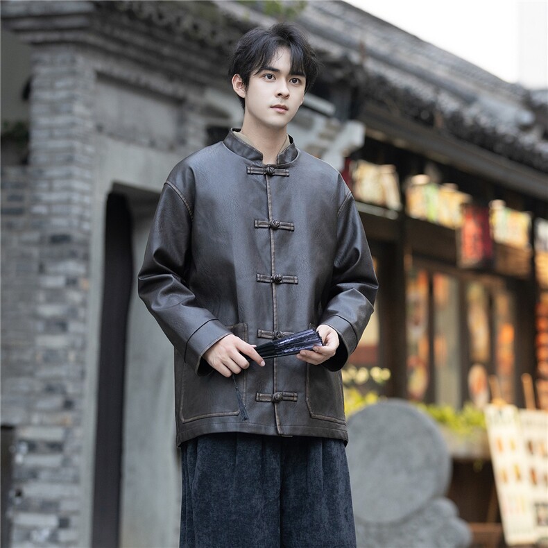 中古风PU皮复古盘扣小众设计感手工擦皮工艺立领唐装外套JK205图片