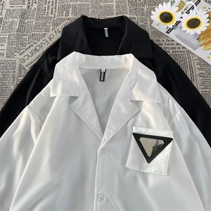 小众设计感垫肩衬衫男士痞帅韩版古巴领休闲白衬衣潮春秋C806-P40图片