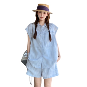 活泼减龄条纹短袖衬衫套装女2025年夏季新款小个子休闲短裤两件套图片