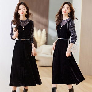 映雪照荧 2024年秋季新款收腰显瘦长袖丝绒拼接蕾丝中长连衣裙，女装连衣裙，江南富贵女