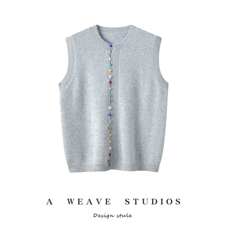 彩色扣子圆领针织羊绒马甲女打底衫简约纯色羊毛无袖坎肩秋冬新款，女装针织衫/毛衣，兴泰羊绒