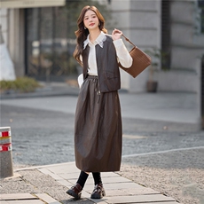 2026春季新款小众设计法式休闲皮马甲蕾丝衬衫领高腰半身裙三件套，女装套装/套裙，深水步