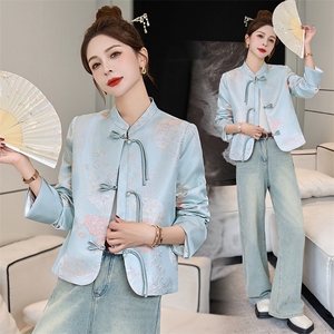 新中式国风外套女春秋2025新款高端洋气时尚刺绣缎面盘扣立领上衣图片