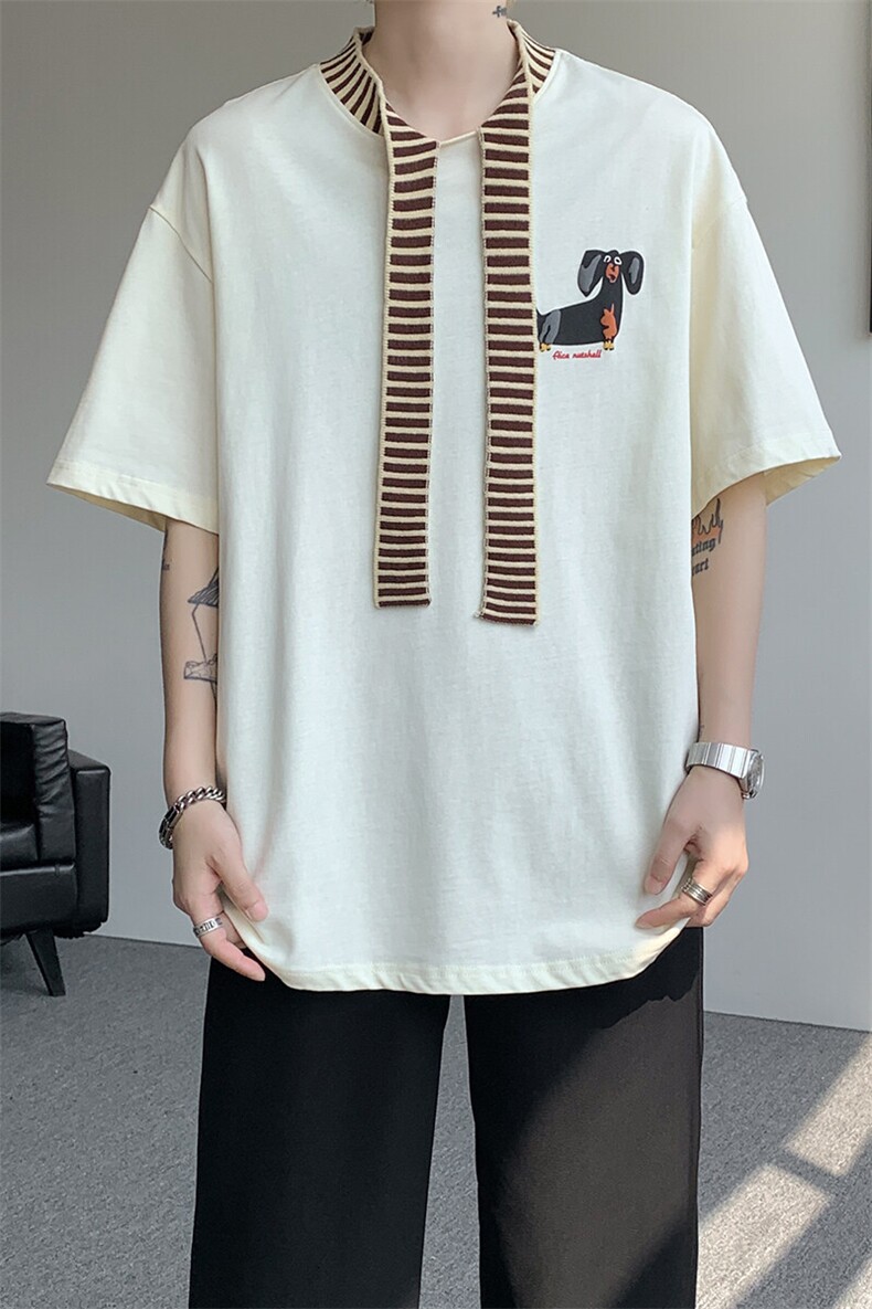 8XL-M纯棉复古拼接假领带设计短袖美式T恤男重工情侣上衣潮DX341,男装T恤,电商D206-1