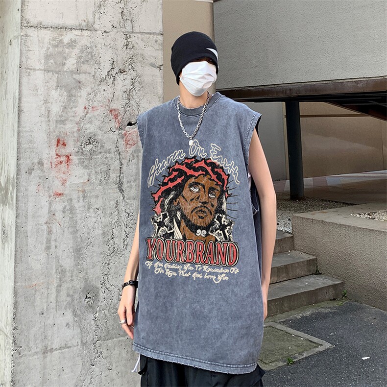 B239-1277-P38夏季水洗做旧 背心/马甲 美式复古人像印花 无袖T恤图片
