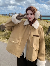 卡其色羊羔毛领拼接短款派克羽绒服女2025冬季小个子加厚保暖外套，女装羽绒服，慧尚2-185