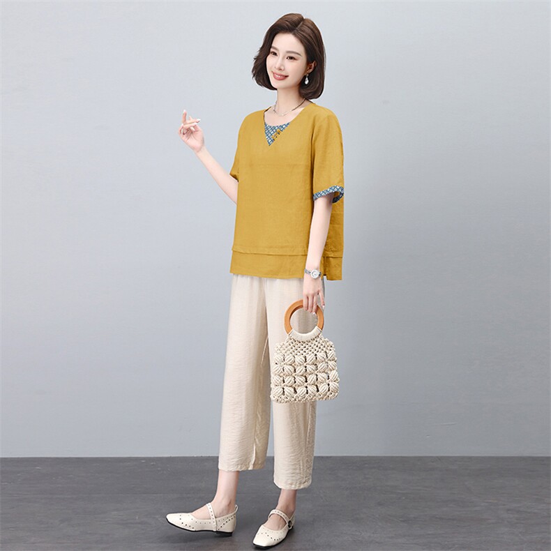 休闲文艺国风套装女2024新款夏装时尚苎麻高端刺绣复古休闲两件套,女装套装/套裙,凝聚力
