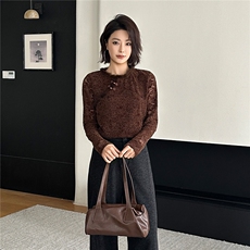 2025冬装心里蕾丝水貂毛圆领蕾丝上衣新中式盘扣小衫，女装蕾丝衫/雪纺衫，2C091