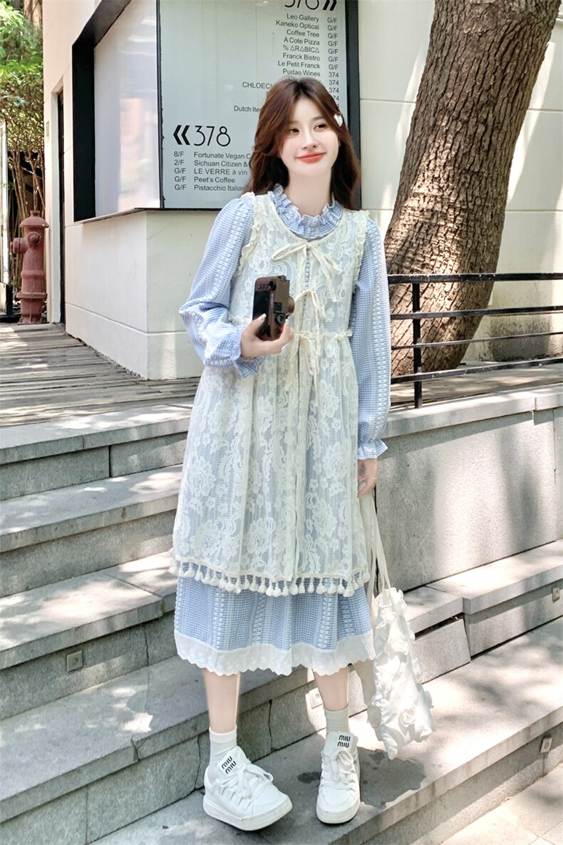 清纯乖乖妹穿搭蓝色连衣裙叠穿马甲女春秋超火好看氛围感长裙套装,女装套装/套裙,2C133