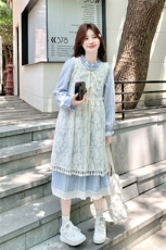 清纯乖乖妹穿搭蓝色连衣裙叠穿马甲女春秋超火好看氛围感长裙套装，女装套装/套裙，2C133