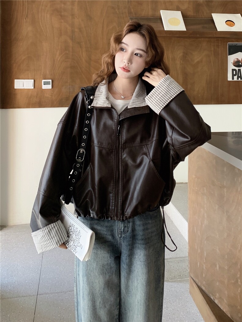 美式复古高级感条纹撞色PU皮衣外套女2025春秋季新款韩系显瘦夹克,女装皮衣,蝶眷