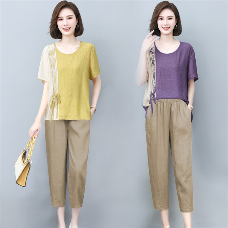 小个子棉麻套装女2025年夏季新款时尚宽松休闲薄款苎麻两件套裤子,女装套装/套裙,璐依舞