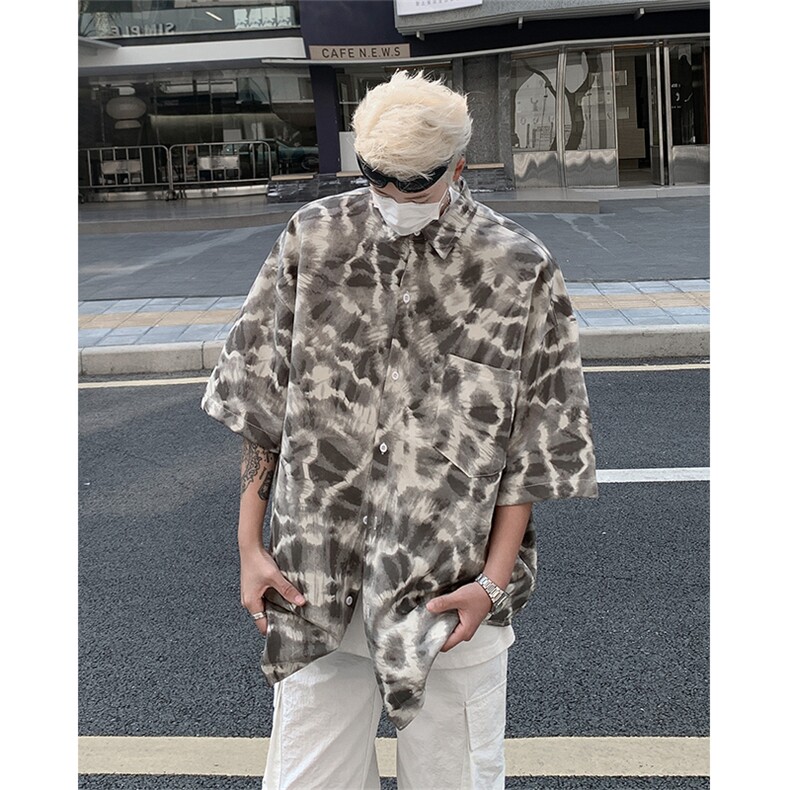CS6002-特35控58 抖音品 夏季美式高街豹纹冰丝短袖男潮流花衬衫图片