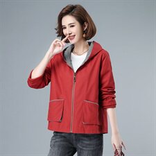 女士纯棉短款外套2021春秋季新款韩版时尚连帽拉链全棉上衣妈妈装，女装短外套，伊满意