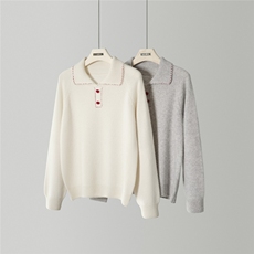 山羊绒(羊绒)时尚的休闲插肩包扣翻领套衫，女装羊绒衫，绒知纯羊绒